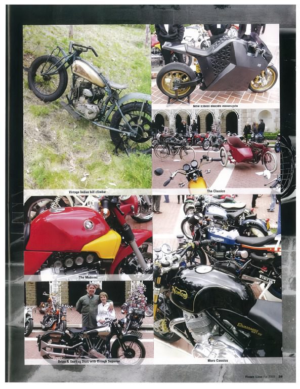 A series of photographs showing motorcycles and people.