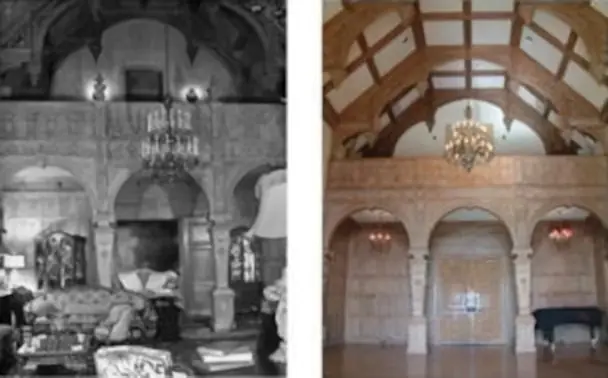 A before and after photo of the interior of an old building.