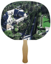 A fan with an aerial view of a house.