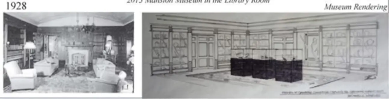 A drawing of the interior of a library.