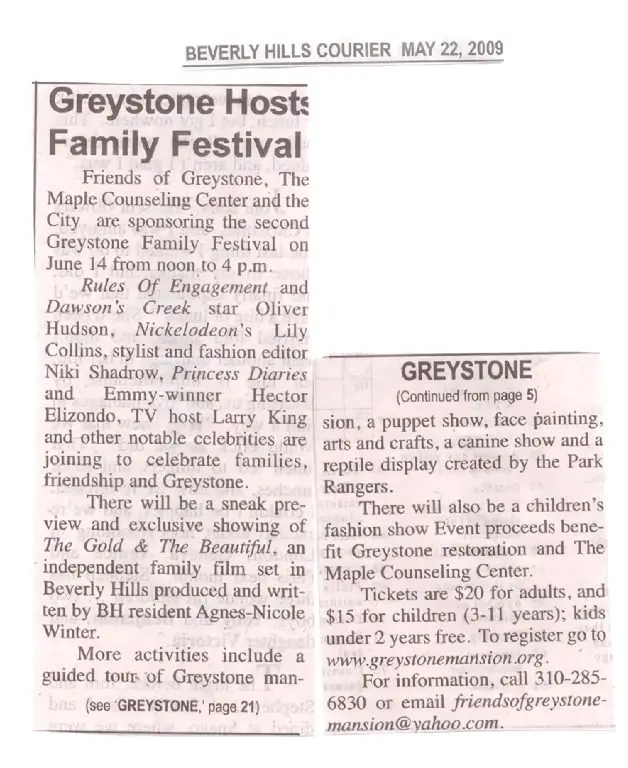 A newspaper article about the greystone family festival.